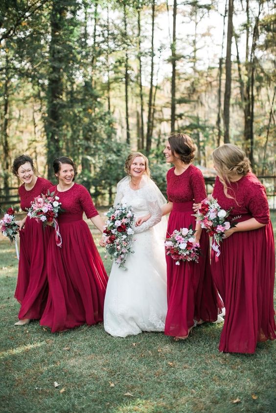 burgundy long sleeve maxi dresses with lace bodices and pleated skirts plus scoop necklines