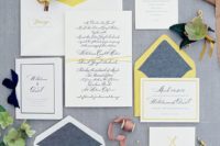 20 wedding invitation suite with neon yellow and muted blue details for a summer wedding