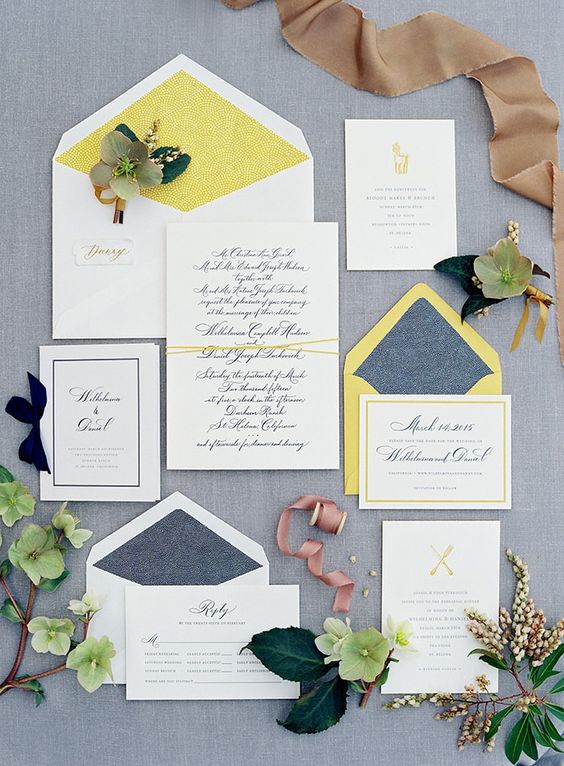 wedding invitation suite with neon yellow and muted blue details for a summer wedding
