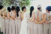 21 gorgeous off-white bridesmaids’ pantsuits with cutout backs on ties for a chic modern look