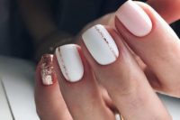 22 blush, white nails with a rose gold glitter touch and some stripes for a glam bridal look