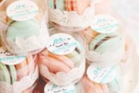 24 peach and mint macarons as wedding favors are a cool idea for a summer wedding