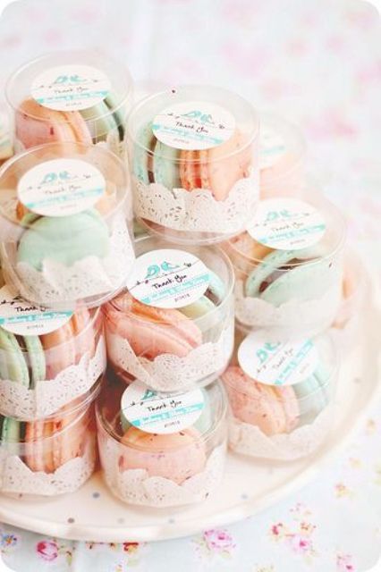 peach and mint macarons as wedding favors are a cool idea for a summer wedding