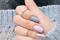 26 grey manicure with a silver and a pink accent nail is a soft and tender option for a spring wedding