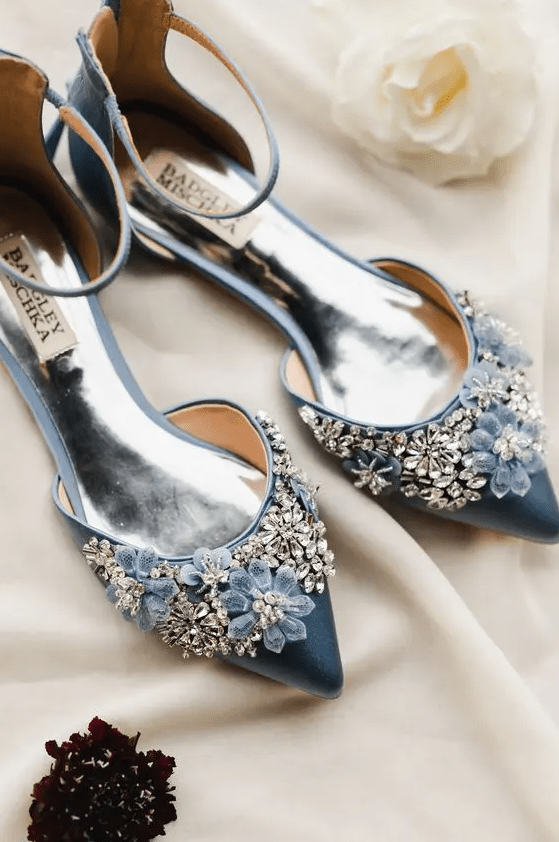 beautiful blue wedding flats with intricate details, with florals and beads are adorable