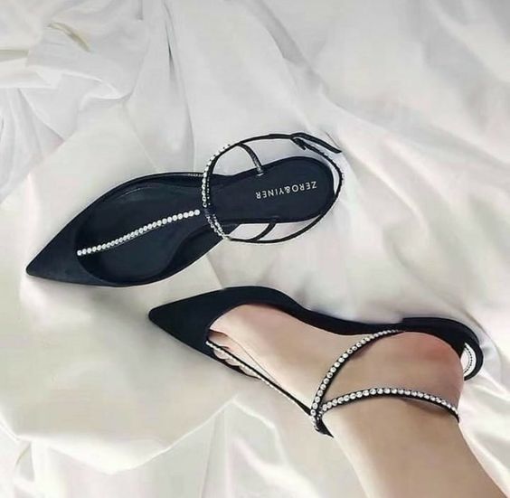 black flats with embellished straps will be a nice solution for a wedding look and a party afterwards