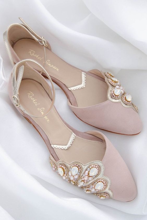 blush weddng flats with beautiful gemstone and bead embellishments are amazing for a glam touch in the bridal look