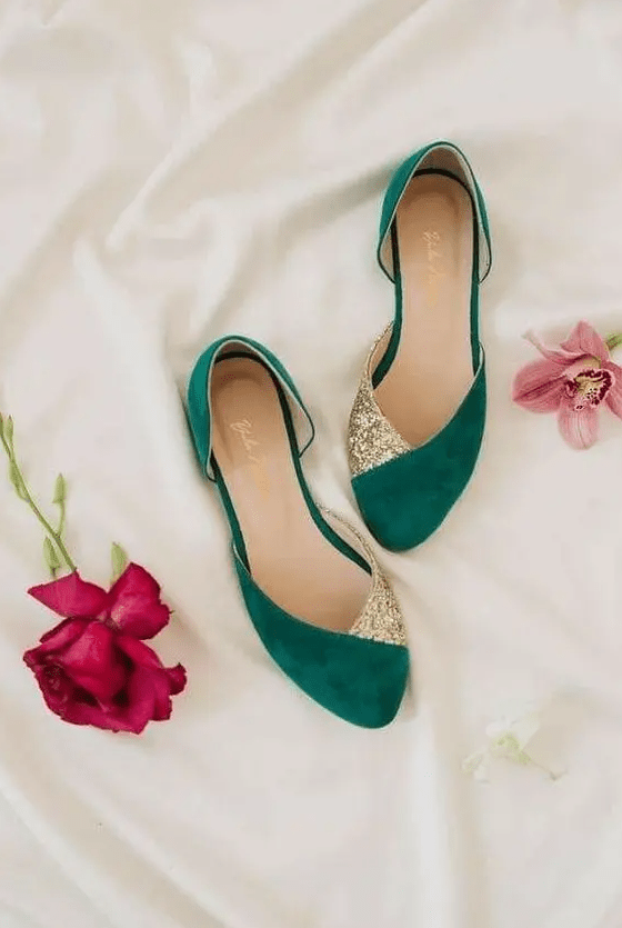 emerald and gold glitter wedding flats are amazing for a fall or winter bridal look, perfect for holidays