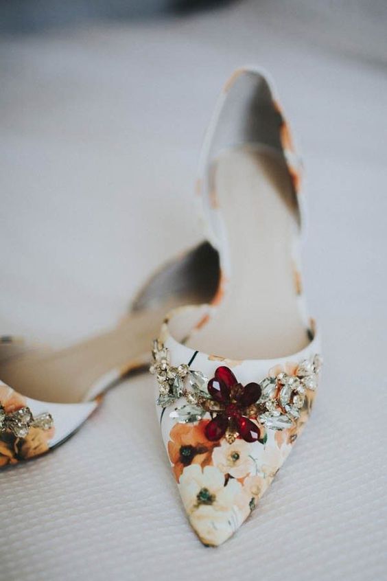 floral print flats with bold embellishments are amazing for a summer or fall bridal look with a touch of color