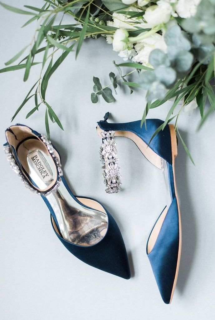 glam navy satin bridal flats with embellished ankle straps will be your something blue touch in the look