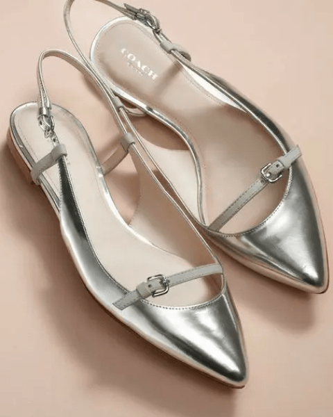 glam silver wedding slingbacks with straps and buckles are amazing for a modern bridal look, they are pure chic