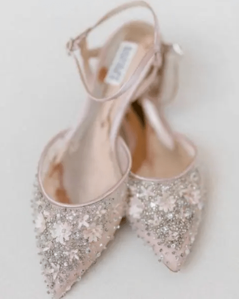 gorgeous blush flat wedding shoes with heavy yet very delicate embellishments and ankle straps are amazing