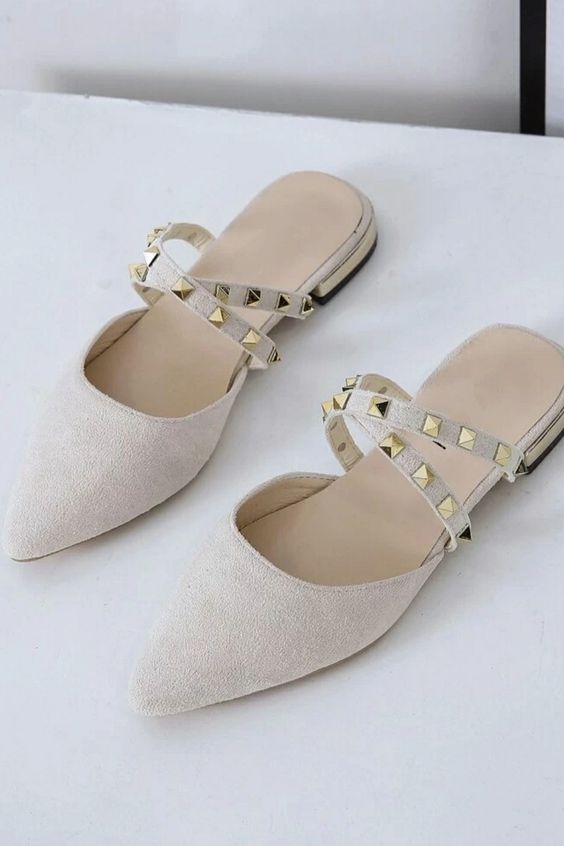 grey suede flat mules with studded straps are amazing for a spring, summer or fall wedding, and they can be worn afterwards