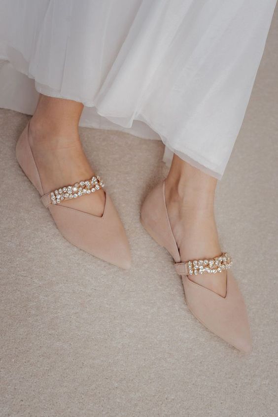 lovely nude pointed toe bridal flats with amazing embellished straps are a gorgeous addition to a glam bridal look