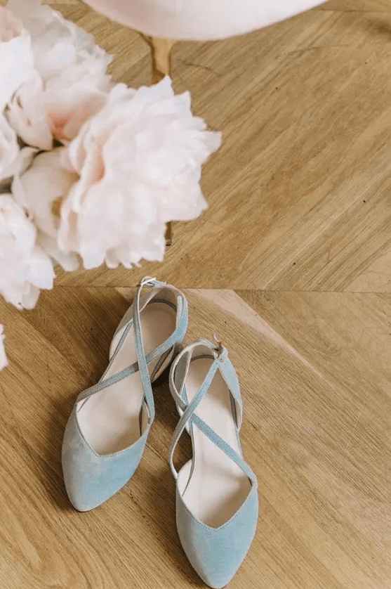 pale blue suede wedding flats with criss cross straps are amazing for a spring bridal look