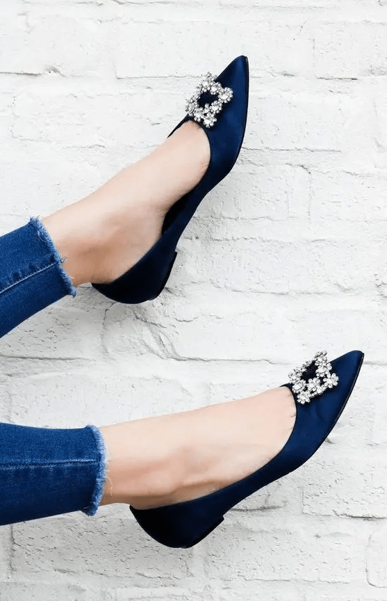 refined navy flats with heavy embellishments will be a gorgeous idea for spring and winter