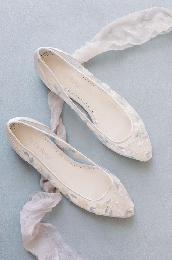 Semi sheer flats with floral embroidery are a delicate and subtle touch to a spring or summer bridal look