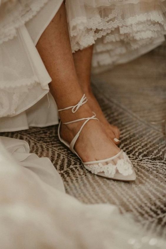sheer wedding lace up flats with lace flower applique are amazing for a delicate and beautiful bridal look