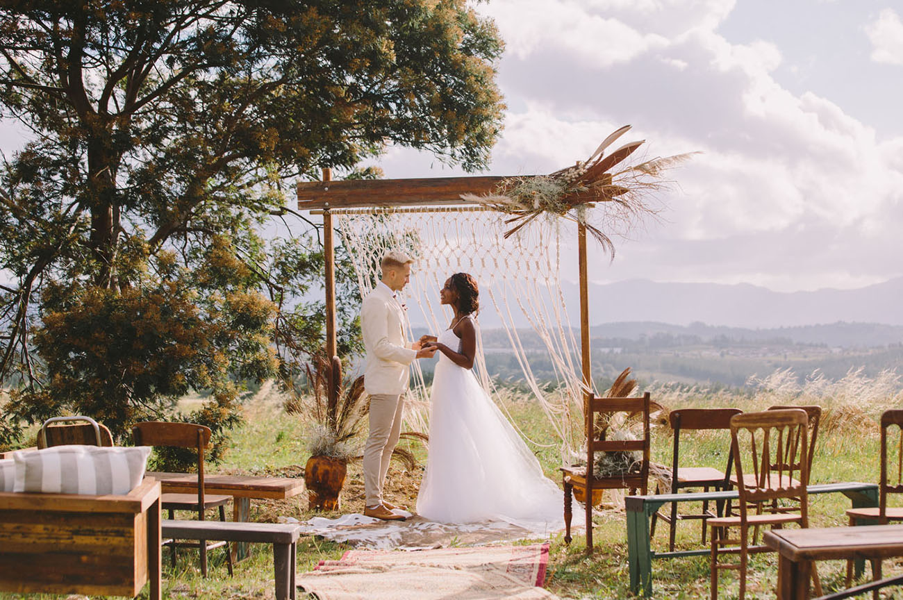 This boho chic glamping wedding shoot took place in Africa and was done with genuine African items and art