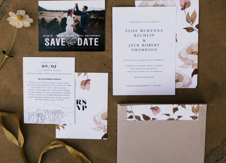 The wedding invitation suite was done with kraft paper and blush roses