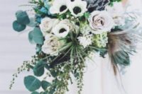 02 a cascading wedding bouquet with white anemones, pale roses, herbs and greenery
