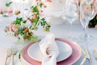 03 a dreamy garden shower setting with a a sheer platter, a pink plate, gold flatware and delicate greenery and leaves for a summer to fall shower