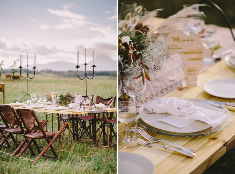There were leather chairs, and the tablescape was done with clear glass, silver flatware, pampas grass and feathers