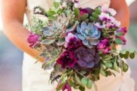 07 a chic wedding bouquet with pale green and purple succulents, fuchsia blooms and greenery