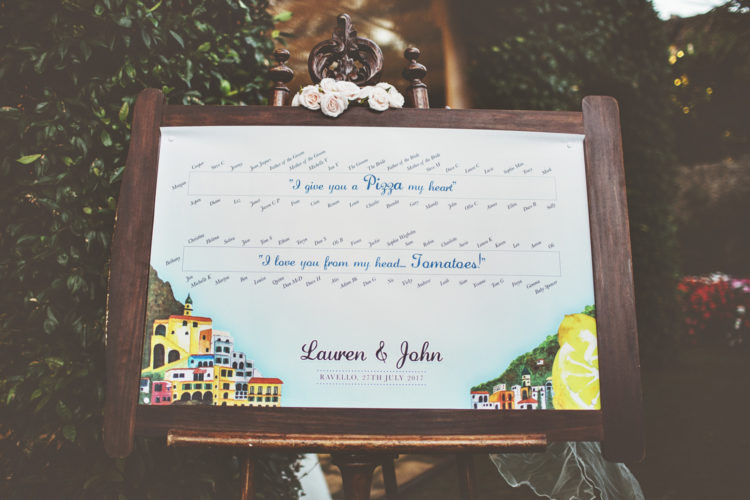 The wedidng stationery was handpainted by the best man in bold colors and with an Italian feel