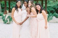09 mismatched blush bridesmaids’ dresses and a blush floral print one for the maid of honor