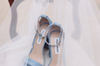 11 powder blue suede heeled sandals with ankle straps are very comfy and can be your ‘something blue’