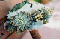 12 a succulent and white bloom wedding bouquet with a rustic wrap for a chic rustic look