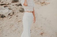 14 a lace bridal separate with a crop top with short sleeves and a mermaid skirt