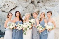 14 light grey, off-white and slate blue maxi gowns with thich straps or strapless ones