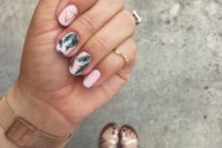14 pink nails with tropical leaf prints and metallic geometric touches for a tropical or beanch bride
