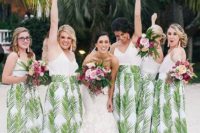 15 tropical beach bridesmaids’ separates with white spaghetti strap tops and maxi leaf print skirts