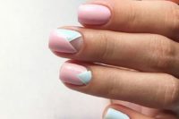 17 light blue and light pink geometric nails with sme negative space for a colorful summer touch