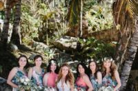17 tropical beach bridesmaids’ dresses with a bold leaf and flower print and side slits