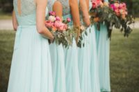 18 mint-colored maxi dresses with a lace bodice, an illusion cutout back and an illusion neckline