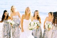 18 strapless maxi gowns with a blue floral print fit a beach or coastal wedding perfectly
