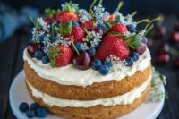 20 a sponge naked wedding cake with whipped cream, fresh flowers and berries – serve several ones for the guests