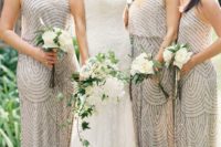 23 glam bridesmaids’ dresses with spaghetti straps and heavy embellishements look very cool