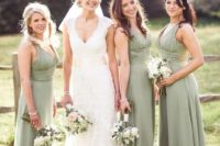 23 sage green thick strap maxi dresses with draped bodices for a soft and unobtrusive touch of color