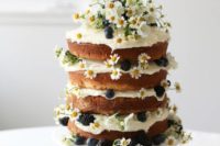 24 a vanilla naked layer cake with blackberries, blueberries and daisies for a summer garden shower