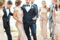 24 glam bridesmaids wearing gold sequin maxi dresses with cap sleeves look amazing