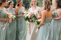 24 sage green mismatching maxi dresses with various necklines and silhouettes for a pastel touch