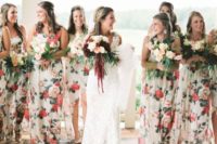 25 bold floral bridesmaids’ dresses with various necklines and of different lengths for a cheerful summer feel