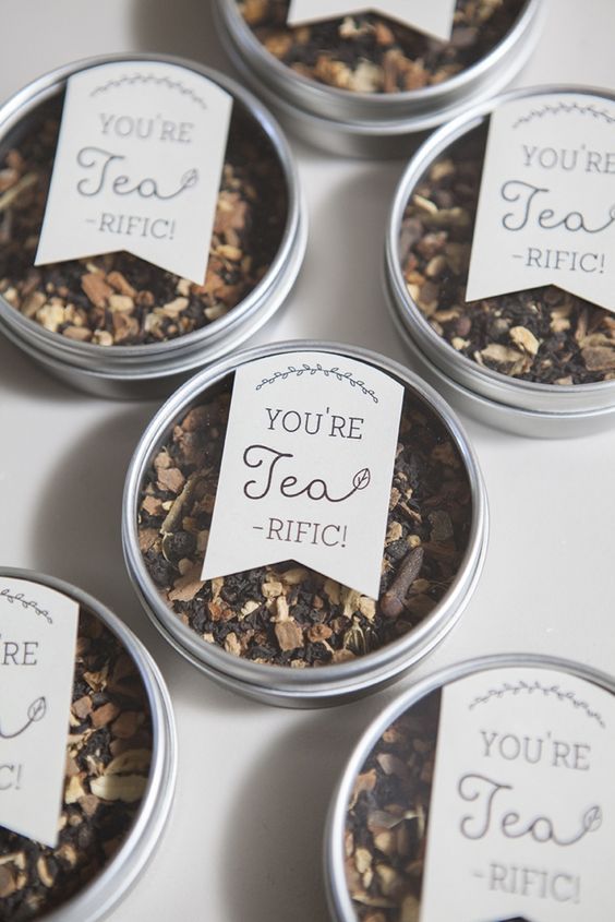 make your personal tea blend and put it into tin cans   it's a very personalized and cool idea