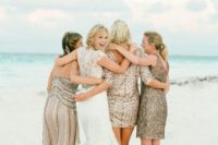 25 mismatching gold sequin dresses, short, knee and maxi ones for glam beach bridesmaids