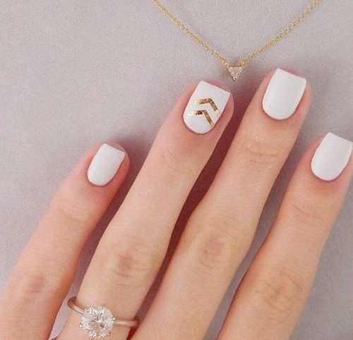 white matte nails with gold chevrons for a modern or boho bride
